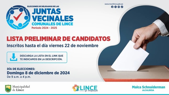 Lista preliminar de candidatos de las "Elecciones de Delegados Vecinales Comunales de Lince - Periodo 2024 - 2025"