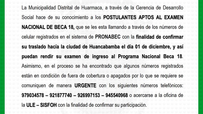 Atención Postulantes Aptos al Examen de Beca 18