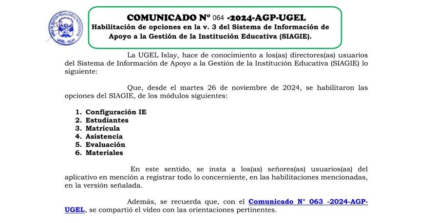 Comunicado N° 064-2024-AGP-UGEL