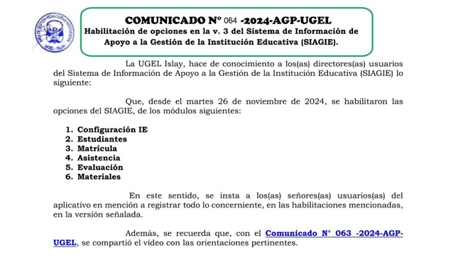 Comunicado N° 064-2024-AGP-UGEL