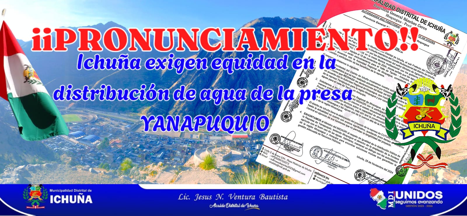 AUTORIDADES DEL COMITE MULTISECTORIAL DEL DISTRITO DE ICHUÑA SE PRONUNCIAN EN RECHAZO A LAS ULTIMAS VERSIONES DEL TITULAR DE MIDAGRI SOBRE LA PRESA YANAPUQUIO