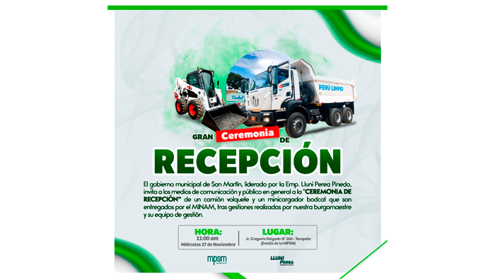 Ceremonia de recepci贸n de un cami贸n volquete u un minicargador bodcat.