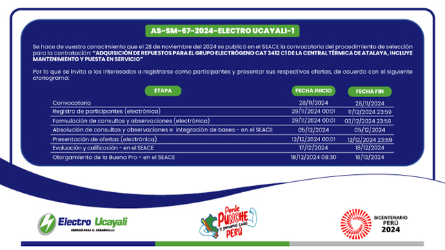 Adjudicación Simplificada N.º AS-SM-67-2024-ELECTRO UCAYALI-1 