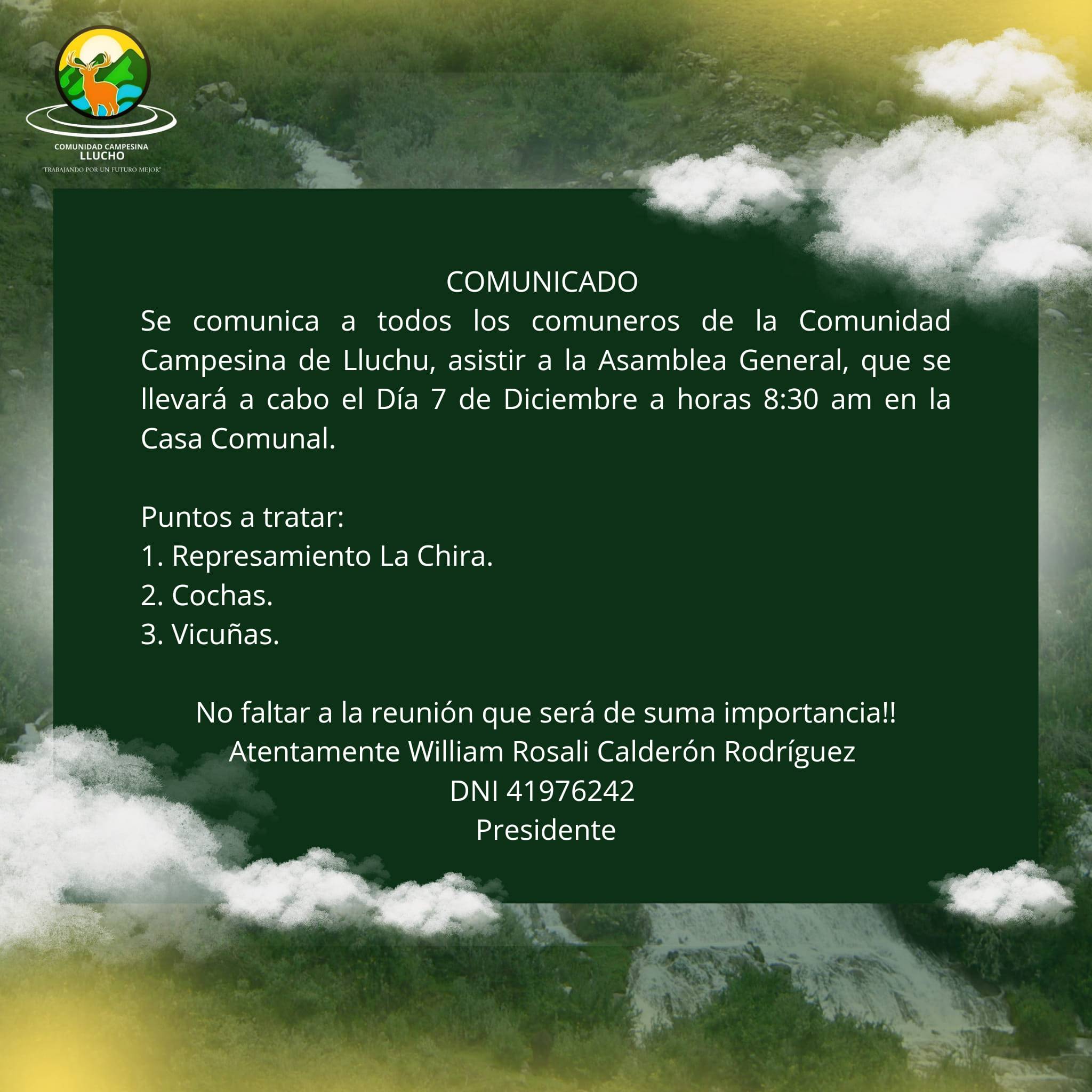 Atención al siguiente comunicado miembros de la COMUNIDAD CAMPESINA LLUCHO!!!!