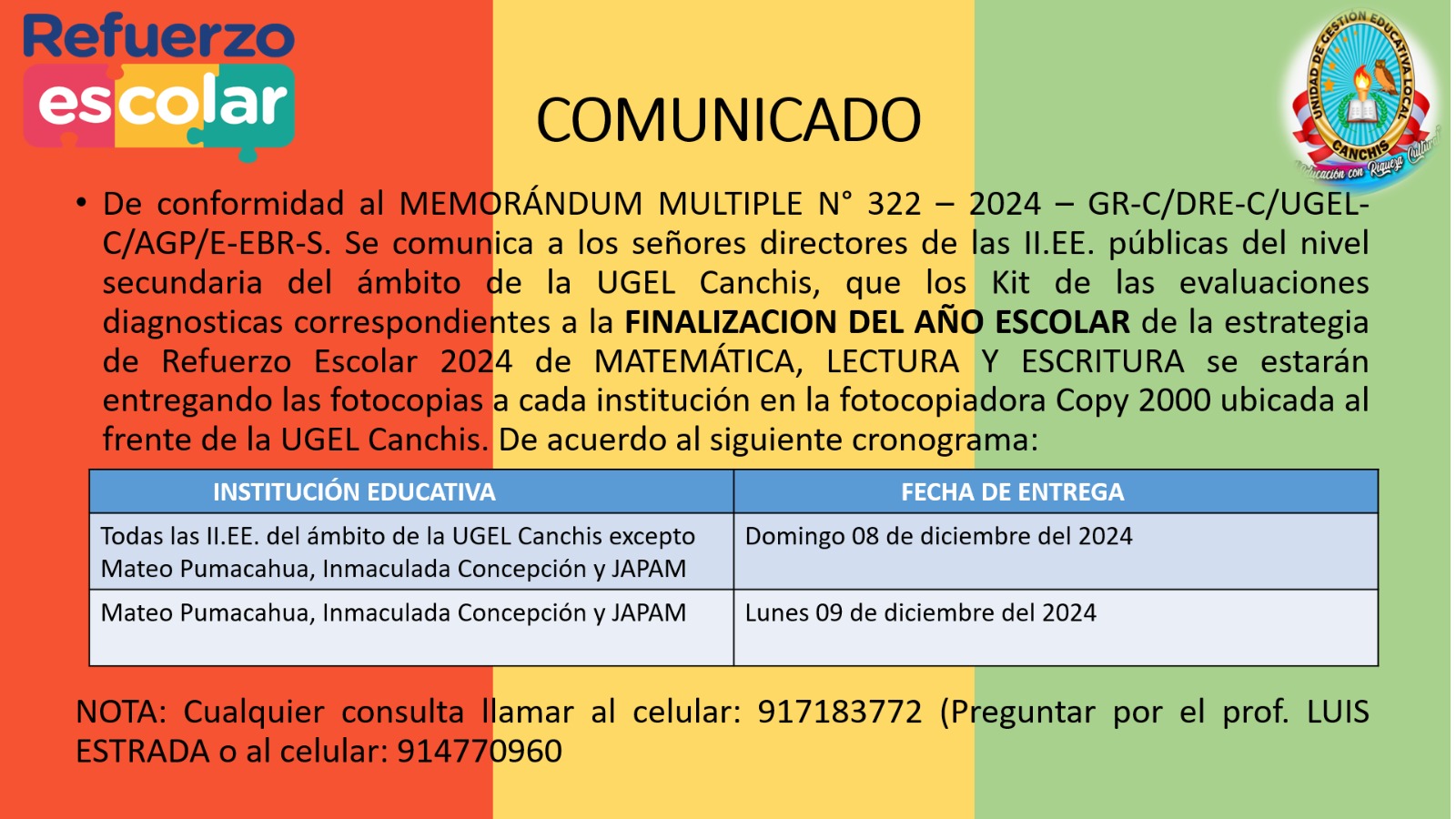 Comunicado - Etapa de cierre de Refuerzo Escolar
