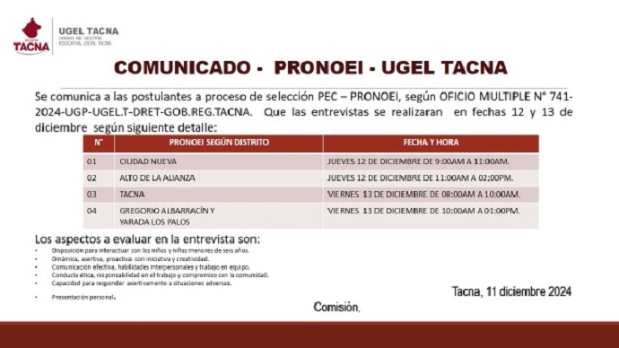 Comunicado - PRONOEI - UGEL TACNA
Se comunica a todos los postulantes a proceso de selección PEC-PRONOEI
Para ver el comunicado completo ingresar al siguiente link:
https://www.facebook.com/photo?fbid=620032410380402&set=a.283730570677256
