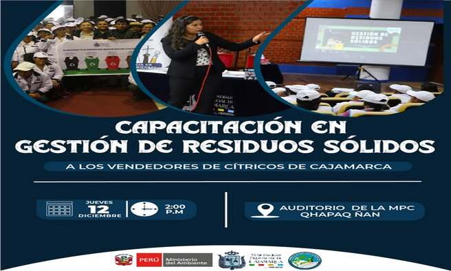 ✅La Municipalidad Provincial de Cajamarca, a través de la Gerencia de Desarrollo Ambiental y en coordinación con la Subgerencia de Gestión Integral de Residuos Sólidos, invita a todos los vendedores de cítricos en Cajamarca a participar en la capacitación en Gestión de Residuos Sólidos.
📅 Fecha: Jueves 12 de diciembre
⏰ Hora: 2:00 p.m.
📍 Lugar: Auditorio de la MPC – Qhapaq Ñan
✔Esta capacitación tiene como objetivo promover prácticas responsables en el manejo de residuos sólidos, contribuyendo al cuidado del medio ambiente y al desarrollo sostenible de nuestra ciudad.
¡Tu participación es clave para construir una Cajamarca más limpia y sostenible!