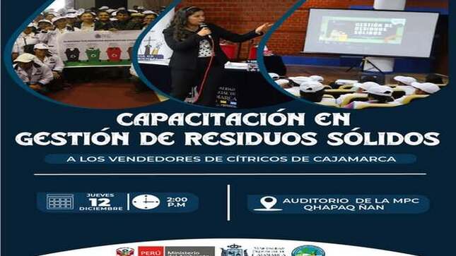 ✅La Municipalidad Provincial de Cajamarca, a través de la Gerencia de Desarrollo Ambiental y en coordinación con la Subgerencia de Gestión Integral de Residuos Sólidos, invita a todos los vendedores de cítricos en Cajamarca a participar en la capacitación en Gestión de Residuos Sólidos.
📅 Fecha: Jueves 12 de diciembre
⏰ Hora: 2:00 p.m.
📍 Lugar: Auditorio de la MPC – Qhapaq Ñan
✔Esta capacitación tiene como objetivo promover prácticas responsables en el manejo de residuos sólidos, contribuyendo al cuidado del medio ambiente y al desarrollo sostenible de nuestra ciudad.
¡Tu participación es clave para construir una Cajamarca más limpia y sostenible!