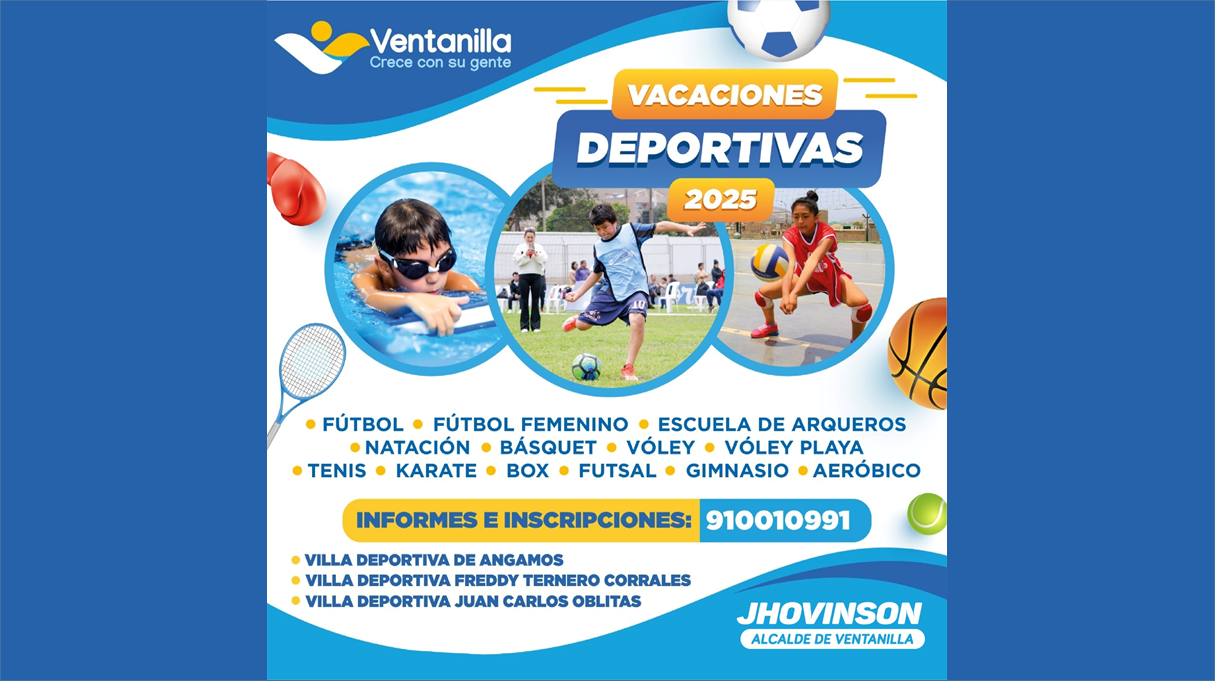 ¡Únete a nuestros talleres deportivos en Angamos, Ventanilla Alta y Ventanilla Norte para mejorar tus habilidades en fútbol ⚽, básquet 🏀, vóley 🏐, box 🥊, karate 🥋 y natación 🏊‍♂️🏊‍♀️!