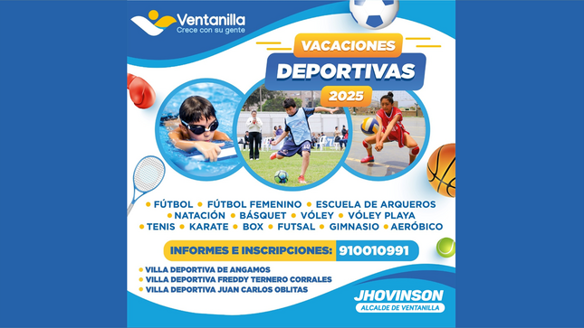 ¡Únete a nuestros talleres deportivos en Angamos, Ventanilla Alta y Ventanilla Norte para mejorar tus habilidades en fútbol ⚽, básquet 🏀, vóley 🏐, box 🥊, karate 🥋 y natación 🏊‍♂️🏊‍♀️!