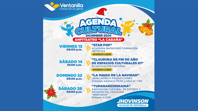 Disfruta de una cartelera navideña 🎄🎅🤶🎁❄️⛄🔔🎇 variada con tu familia 👨‍👩‍👧‍👦 en el anfiteatro 🎭 del "Parque La Cabaña" los días 13, 14, 22 y 28 de diciembre 📅.