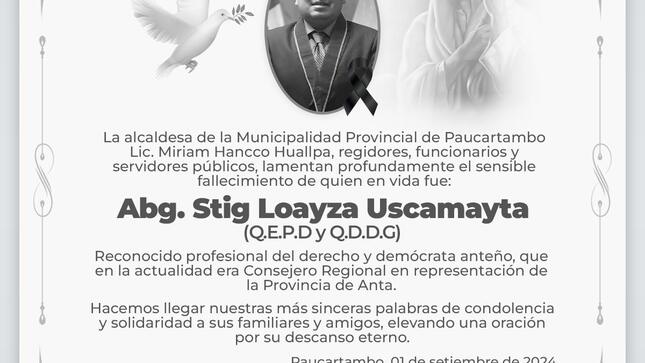 Archivo Imagen de la Condolencias a la Familia y Amigos de Stig Loayza Uscamayta