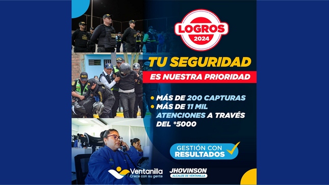 Este año, con la Policía Nacional 👮‍♂️👮‍♀️, logramos más de 200 capturas 🚔 y 11 mil atenciones 📞, reforzando la seguridad con vehículos 🚓 y operativos 🔍 en todo el distrito 👏.