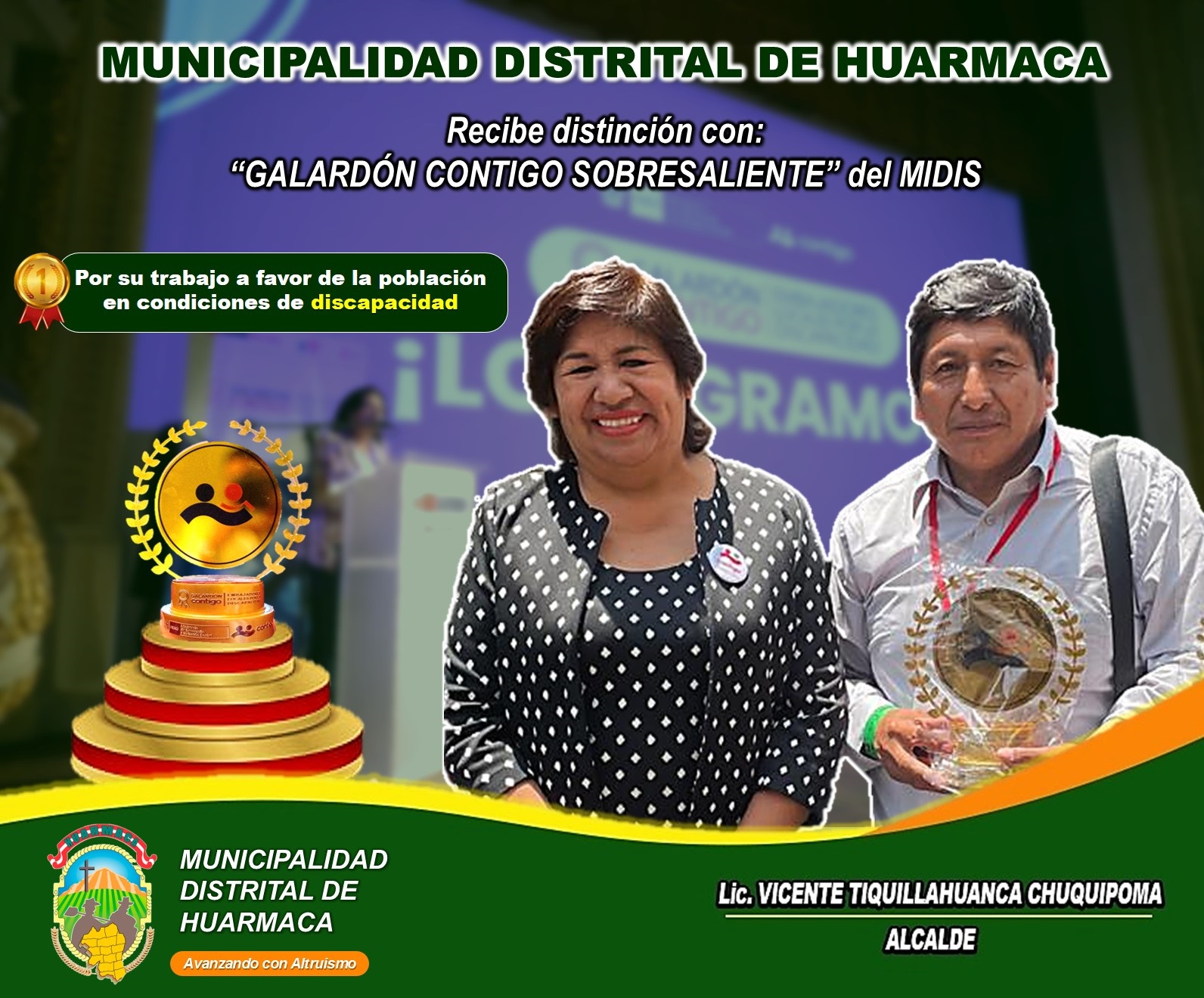 Alcalde Vicente Tiquillahuanca recibe el Reconocimiento Nacional โGalardรณn Contigo Sobresalienteโ