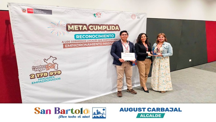 La Municipalidad de San Bartolo fue premiada por el Ministerio de Desarrollo e Inclusión Social por su destacada participación y cumplimiento de la meta de Empadronamiento Masivo 2024.