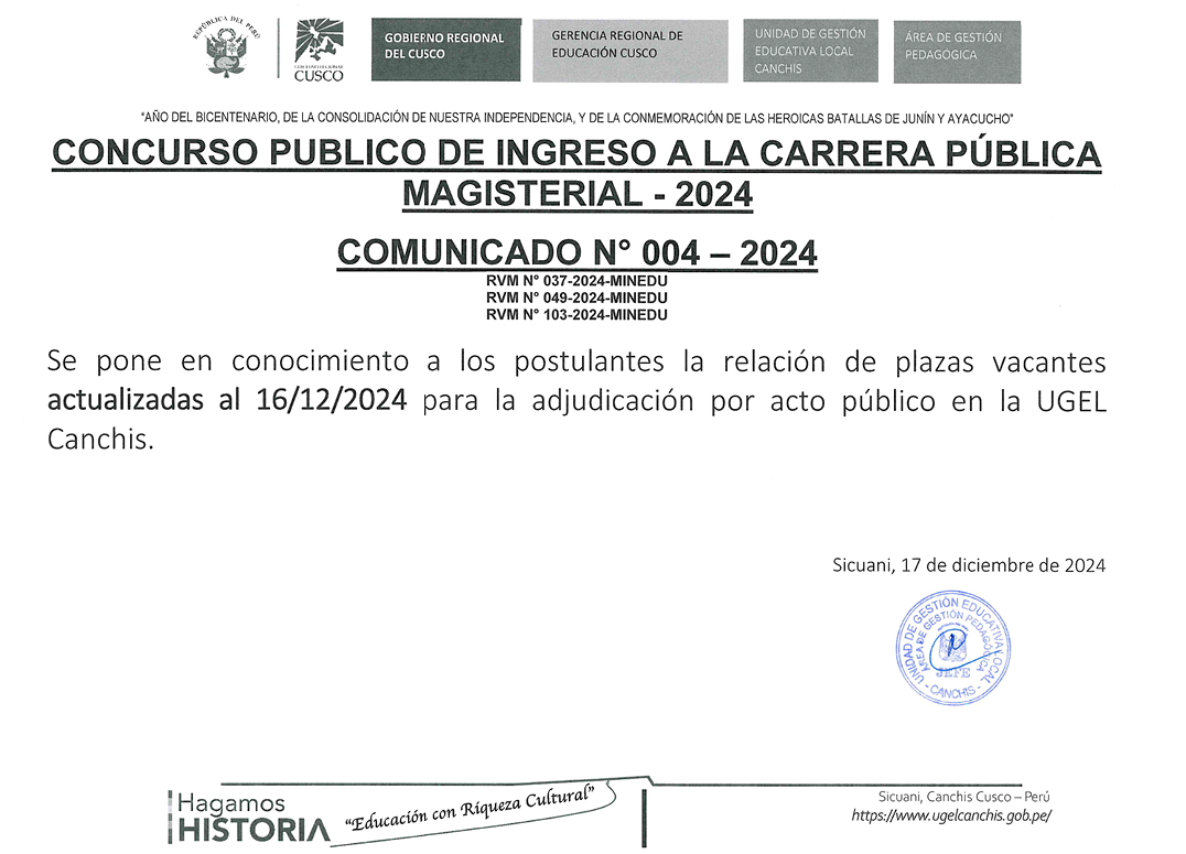 Comunicado 004 - CONCURSO PUBLICO DE INGRESO A LA CARRERA PÚBLICA MAGISTERIAL - 2024