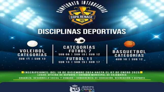 ¡Es momento de demostrar quién manda en los barrios de Cajamarca! 🏟
📝 𝗜𝗡𝗙𝗢𝗥𝗠𝗘𝗦 𝗬 𝗕𝗔𝗦𝗘𝗦: 
📅 𝗗𝗲𝗹 𝟭𝟴 𝗱𝗲 𝗱𝗶𝗰𝗶𝗲𝗺𝗯𝗿𝗲 𝗮𝗹 𝟳 𝗱𝗲 𝗲𝗻𝗲𝗿𝗼
📍 𝗢𝗳𝗶𝗰𝗶𝗻𝗮 𝗱𝗲 𝗗𝗲𝗽𝗼𝗿𝘁𝗲𝘀 - 𝗘𝘀𝘁𝗮𝗱𝗶𝗼 𝗠𝘂𝗻𝗶𝗰𝗶𝗽𝗮𝗹
🎯 Disciplinas: Fútbol, vóley y básquetbol 
¡Reúne a tu equipo, prepárense y compitan por la gloria!