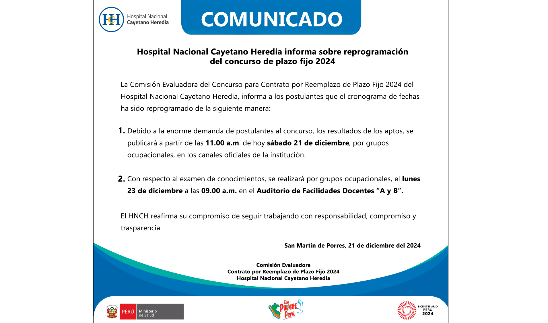 Comunicado sobre reprogramación del concurso de plazo fijo 2024