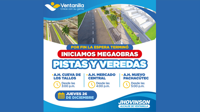 Este 26 de diciembre iniciaremos tres megaobras 🚧 de pistas y veredas en Pachacútec, con una inversión de más de 25 millones 💰 y miles de empleos 👷‍♀️👷‍♂️.
