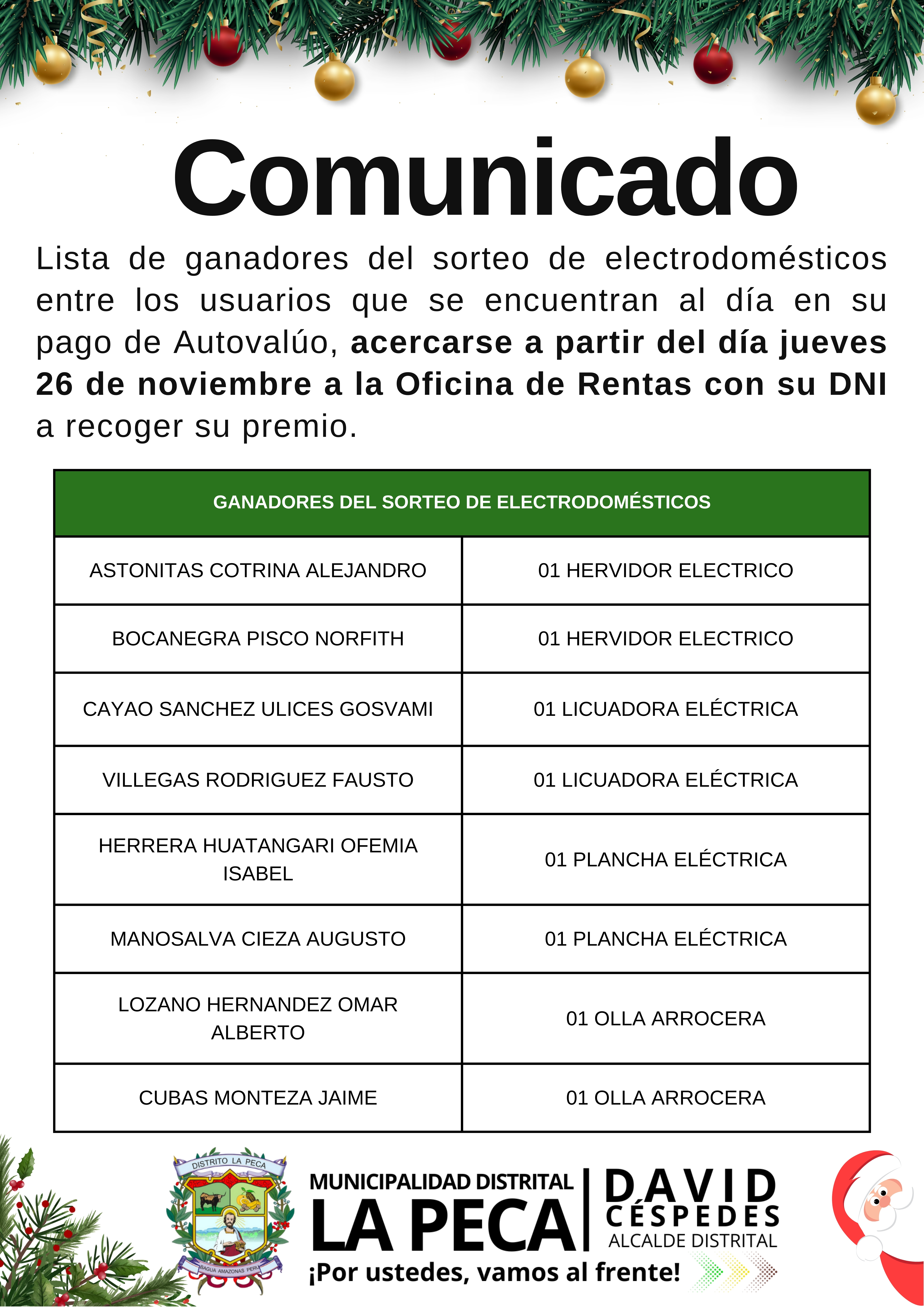 LISTA DE GANADORES SORTEO DE ELECTRODOMESTICOS