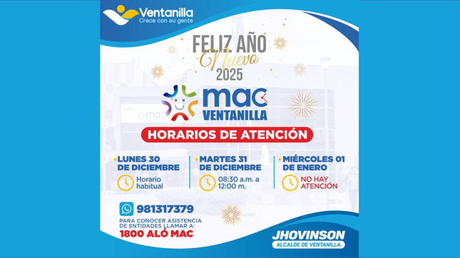 El MAC Ventanilla atenderá el 30 de diciembre en horario habitual 🕗, el 31 hasta el mediodía ⏰ y el 1 de enero estará cerrado 🚫.