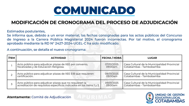 Comunicado modificación de cronograma del proceso de adjudicación