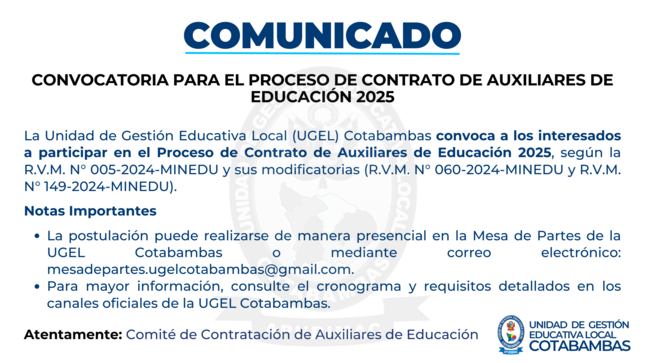 Comunicado Convocatoria para el proceso de contrato de auxiliares de Educación 2025