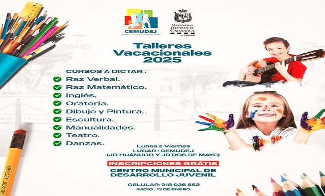 ๐๐ ยกEste vacacional es tu oportunidad de aprender, divertirte y mantenerte activo! ๐ช
โ
Edades: De 10 a 17 aรฑos.
๐
๐๐ฒ๐ฐ๐ต๐ฎ๐ ๐ฑ๐ฒ ๐ถ๐ป๐๐ฐ๐ฟ๐ถ๐ฝ๐ฐ๐ถ๐ผฬ๐ป:
Del 6 al 10 de enero
๐
๐๐ผ๐ฟ๐ฎ๐ฟ๐ถ๐ผ๐ ๐ฑ๐ฒ ๐ถ๐ป๐๐ฐ๐ฟ๐ถ๐ฝ๐ฐ๐ถ๐ผฬ๐ป:
๐ Lunes a viernes: 8:00 AM - 1:00 PM y 2:00 PM - 4:00 PM.
๐ ๐๐๐ด๐ฎ๐ฟ ๐ฑ๐ฒ ๐ถ๐ป๐๐ฐ๐ฟ๐ถ๐ฝ๐ฐ๐ถ๐ผฬ๐ป: Oficina de CEMUDEJ ( Jr Huanuco y Dos de Mayo )
๐ก ยกNo te quedes fuera! Prepรกrate para un vacacional lleno de aprendizaje, diversiรณn y nuevas amistades.