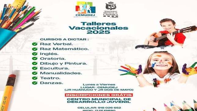 🌞🎉 ¡Este vacacional  es tu oportunidad de aprender, divertirte y mantenerte activo! 💪
✅ Edades: De 10 a 17 años.
📅 𝗙𝗲𝗰𝗵𝗮𝘀 𝗱𝗲 𝗶𝗻𝘀𝗰𝗿𝗶𝗽𝗰𝗶𝗼́𝗻:
Del 6 al 10 de enero 
📅 𝗛𝗼𝗿𝗮𝗿𝗶𝗼𝘀 𝗱𝗲 𝗶𝗻𝘀𝗰𝗿𝗶𝗽𝗰𝗶𝗼́𝗻:
🕘 Lunes a viernes: 8:00 AM - 1:00 PM y 2:00 PM - 4:00 PM.
📍 𝗟𝘂𝗴𝗮𝗿 𝗱𝗲 𝗶𝗻𝘀𝗰𝗿𝗶𝗽𝗰𝗶𝗼́𝗻: Oficina de CEMUDEJ ( Jr Huanuco y Dos de Mayo )
💡 ¡No te quedes fuera! Prepárate para un vacacional lleno de aprendizaje, diversión y nuevas amistades.