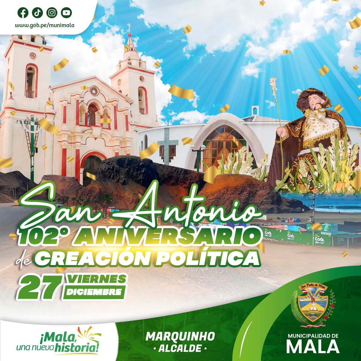 En esta fecha muy especial expresamos el efusivo saludo y felicitaciones a la Municipalidad Distrital de San Antonio, a la autoridad edil, cuerpo de regidores, funcionarios, trabajadores y vecinos del distrito hermano de San Antonio al celebrar sus 102° años de Creación Política.
¡Feliz Aniversario!