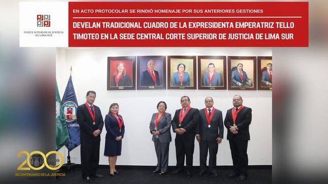 Develan tradicional cuadro de la expresidenta Emperatriz Tello Timoteo en la Corte Superior de Justicia de Lima Sur