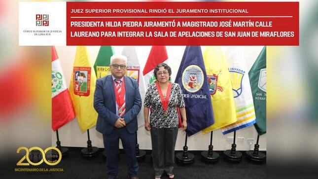 Presidenta Hilda Piedra juramentó a magistrado José Martín Calle Laureano para integrar la Sala de Apelaciones de San Juan de Miraflores
