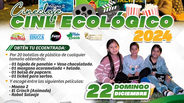 Estimados vecinos, la Municipalidad Distrital de Mala, a través de la Subgerencia de Servicios Municipales y Gestión Ambiental, los invita a participar en una nueva edición del CINECLAJE - Cine Ecológico. Este evento tiene como objetivo sensibilizar sobre la importancia del reciclaje y el cuidado del medio ambiente, promoviendo el intercambio de botellas plásticas por entradas al cine.
 Fecha: Domingo 22 de diciembre
 Lugar: Local Comunal de Calicanto
 Hora: Desde la 5:00 p.m.
 ¡Disfrutemos de una película, aprendamos sobre el reciclaje y colaboremos con el cuidado de nuestro planeta!
#𝙈𝙖𝙡𝙖, 𝙪𝙣𝙖 𝙣𝙪𝙚𝙫𝙖 𝙝𝙞𝙨𝙩𝙤𝙧𝙞𝙖 