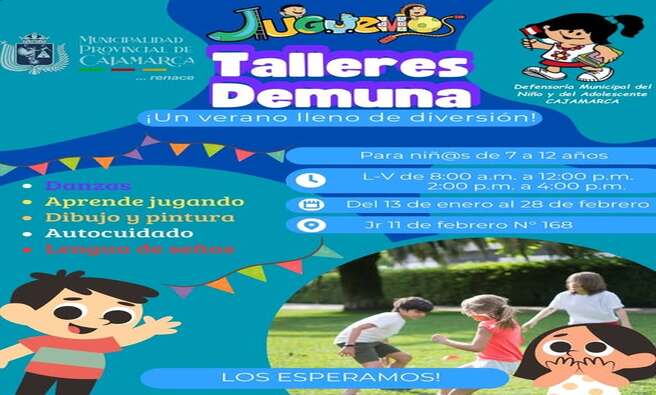 🗓 Fechas: Del 13 de enero al 28 de febrero
🕗 Horarios: Lunes a Viernes
8:00 a.m. a 12:00 p.m.
2:00 p.m. a 4:00 p.m.
📍 Ubicación: Jr 11 de febrero N° 168
Actividades:
Danzas
Aprende jugando
Dibujo y pintura
Autocuidado
Lengua de señas
¡Te esperamos para disfrutar y aprender juntos! 🎉❤️