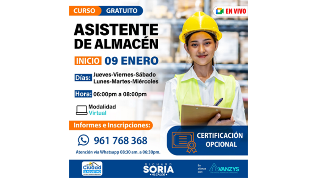  INSCRÍBETE AQUÍ: https://forms.gle/cxhQgTrj9MkRFagJ8
🗓️ INICIO: 09 de enero
🕰️ Duración: 6 sesiones
👨🏻‍💻 Clases 100% online en vivo a través de meet.
🕐 Horario:  Juev-Vier-Sab-Lun-Mar-Mier / 06:00 pm a 8:00 pm    
📚 Curso gratuito, con certificación opcional.🔰
🩵 Participa Ya!! #EnAvanzysCreceSinLímites
#ElAgustino
#ciudadelagustino