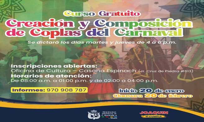 ๐ถ Aprende a crear las mejores coplas que llenarรกn de alegrรญa nuestras festividades. Las clases se dictarรกn todos los martes y jueves de 4 p.m. a 6 p.m.
๐
๐๐ป๐ถ๐ฐ๐ถ๐ผ: ๐ฎ๐ฌ ๐ฑ๐ฒ ๐ฒ๐ป๐ฒ๐ฟ๐ผ | ๐๐น๐ฎ๐๐๐๐ฟ๐ฎ: ๐ฎ๐ฌ ๐ฑ๐ฒ ๐ณ๐ฒ๐ฏ๐ฟ๐ฒ๐ฟ๐ผ
๐ ๐จ๐ฏ๐ถ๐ฐ๐ฎ๐ฐ๐ถรณ๐ป: ๐ข๐ณ๐ถ๐ฐ๐ถ๐ป๐ฎ ๐ฑ๐ฒ ๐๐๐น๐๐๐ฟ๐ฎ โ ๐๐ฎ๐๐ผ๐ป๐ฎ ๐๐๐ฝ๐ถ๐ป๐ฎ๐ฐ๐ต (๐๐ฟ. ๐๐ฟ๐๐ ๐ฑ๐ฒ ๐ฃ๐ถ๐ฒ๐ฑ๐ฟ๐ฎ #๐ฒ๐ญ๐ฏ)
โฐ ๐๐ผ๐ฟ๐ฎ๐ฟ๐ถ๐ผ๐ ๐ฑ๐ฒ ๐ฎ๐๐ฒ๐ป๐ฐ๐ถรณ๐ป: ๐ด ๐ฎ.๐บ. - ๐ญ ๐ฝ.๐บ. ๐ ๐ฎ ๐ฝ.๐บ. - ๐ฐ ๐ฝ.๐บ.
๐ ๐ รก๐ ๐ถ๐ป๐ณ๐ผ๐ฟ๐บ๐ฎ๐ฐ๐ถรณ๐ป: ๐ต๐ณ๐ฌ ๐ต๐ฌ๐ด ๐ณ๐ด๐ณ
ยกNo pierdas la oportunidad de ser parte de esta divertida experiencia! ๐