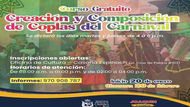 🎶 Aprende a crear las mejores coplas que llenarán de alegría nuestras festividades. Las clases se dictarán todos los martes y jueves de 4 p.m. a 6 p.m.
📅 𝗜𝗻𝗶𝗰𝗶𝗼: 𝟮𝟬 𝗱𝗲 𝗲𝗻𝗲𝗿𝗼 | 𝗖𝗹𝗮𝘂𝘀𝘂𝗿𝗮: 𝟮𝟬 𝗱𝗲 𝗳𝗲𝗯𝗿𝗲𝗿𝗼
📍 𝗨𝗯𝗶𝗰𝗮𝗰𝗶ó𝗻: 𝗢𝗳𝗶𝗰𝗶𝗻𝗮 𝗱𝗲 𝗖𝘂𝗹𝘁𝘂𝗿𝗮 – 𝗖𝗮𝘀𝗼𝗻𝗮 𝗘𝘀𝗽𝗶𝗻𝗮𝗰𝗵 (𝗝𝗿. 𝗖𝗿𝘂𝘇 𝗱𝗲 𝗣𝗶𝗲𝗱𝗿𝗮 #𝟲𝟭𝟯)
⏰ 𝗛𝗼𝗿𝗮𝗿𝗶𝗼𝘀 𝗱𝗲 𝗮𝘁𝗲𝗻𝗰𝗶ó𝗻: 𝟴 𝗮.𝗺. - 𝟭 𝗽.𝗺. 𝘆 𝟮 𝗽.𝗺. - 𝟰 𝗽.𝗺.
📞 𝗠á𝘀 𝗶𝗻𝗳𝗼𝗿𝗺𝗮𝗰𝗶ó𝗻: 𝟵𝟳𝟬 𝟵𝟬𝟴 𝟳𝟴𝟳
¡No pierdas la oportunidad de ser parte de esta divertida experiencia! 🌟