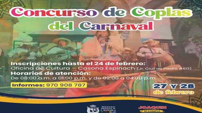 🎤 ¡Es tu oportunidad de brillar y celebrar nuestras tradiciones! Inscríbete hasta el 24 de febrero en la Oficina de Cultura - Casona Espinach (Jr. Cruz de Piedra #613).
🗓️ 𝗗í𝗮𝘀 𝗱𝗲𝗹 𝗰𝗼𝗻𝗰𝘂𝗿𝘀𝗼: 𝟮𝟳 𝘆 𝟮𝟴 𝗱𝗲 𝗳𝗲𝗯𝗿𝗲𝗿𝗼
⏰ 𝗛𝗼𝗿𝗮𝗿𝗶𝗼𝘀 𝗱𝗲 𝗮𝘁𝗲𝗻𝗰𝗶ó𝗻:
• 𝗗𝗲 𝟬𝟴:𝟬𝟬 𝗮.𝗺. 𝗮 𝟬𝟭:𝟬𝟬 𝗽.𝗺.
• 𝗗𝗲 𝟬𝟮:𝟬𝟬 𝗮 𝟬𝟰:𝟬𝟬 𝗽.𝗺.
📞 𝗠á𝘀 𝗶𝗻𝗳𝗼𝗿𝗺𝗮𝗰𝗶ó𝗻: 𝟵𝟳𝟬 𝟵𝟬𝟴 𝟳𝟴𝟳
¡No te quedes fuera y suma tu voz a la alegría del Carnaval! 🎉