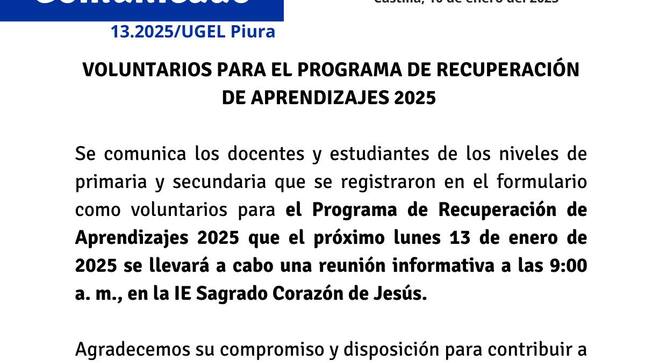 Voluntarios para el Programa de Recuperación de Aprendizajes 2025