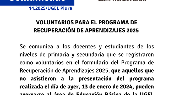 Voluntarios para el Programa de Recuperación de Aprendizajes 2025