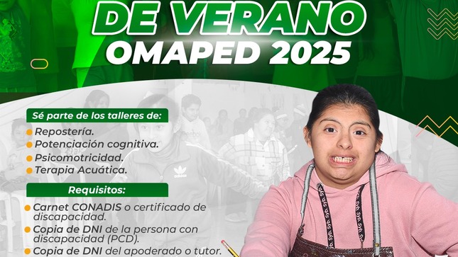 La Municipalidad Distrital de Mala a través de la Gerencia de Desarrollo Social en coordinación con la Subgerencia de Salud, Participación Ciudadana y Servicios Sociales te invita a formar parte de los divertidos y educativos Talleres de Verano OMAPED 2025.

Fechas de inscripción: Viernes 10 y Lunes 13 de enero
Lugar: Casa de la cultura - Oficina de OMAPED

Talleres:
Repostería
Potenciación cognitiva
Psicomotricidad
Terapia Acuática

Requisitos:
Carnet CONADIS o certificado de discapacidad.
Copia de DNI de la persona con discapacidad (PCD).
Copia de DNI del apoderado o tutor.
Edad mínima a partir de los 3 años.

¡Ven a disfrutar de un verano lleno de actividades diseñados para el desarrollo integral!  
Ver menos