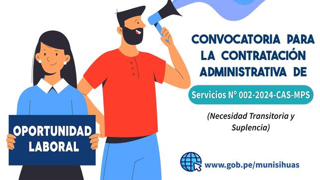 📣 Convocatoria para la Contratación Administrativa de Servicios - CAS Nº 002-2024 (necesidades transitoria y suplencia).
🎯 Mayor información 👇
https://www.gob.pe/institucion/munisihuas/informes-publicaciones/6243739-proceso-de-convocatoria-para-la-contratacion-administrativa-de-servicios-n-002-2024-cas-mps-a-plazo-determinado-necesidad-transitoria-y-suplencia 

