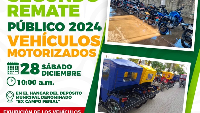 Segundo Remate Público 2024 de Vehículos Motorizados (Mototaxis y Motocicletas) en Sullana

