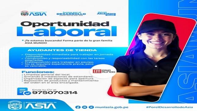 Pasa la voz a tus amig@s, familiares, conocid@s y vecin@s interesad@s 📣
👉Puedes enviar tu CV al 📲975070314
#MunicipalidadDistritalDeAsia
#PorelDesarrollodeAsia
#IsaiasAlcantaraAlcaldedeAsia