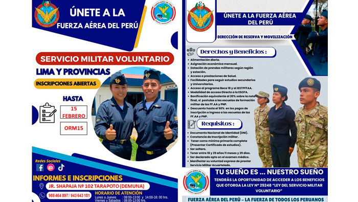 Primer llamamiento 2025 para el servicio militar voluntario en la Fuerza AΓ©rea del PerΓΊ.