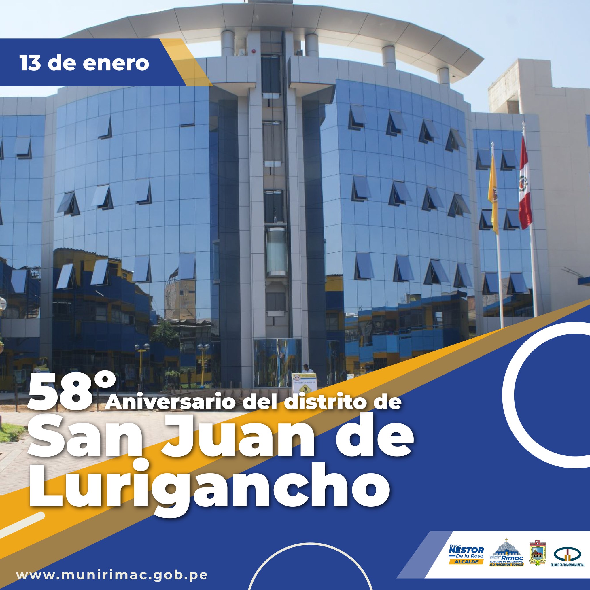saluda en el 58º aniversario de creación política como distrito de San Juan de Lurigancho, de manera especial a su Alcalde Jesús Maldonado Amao, cuerpo de regidores, funcionarios y vecinos.