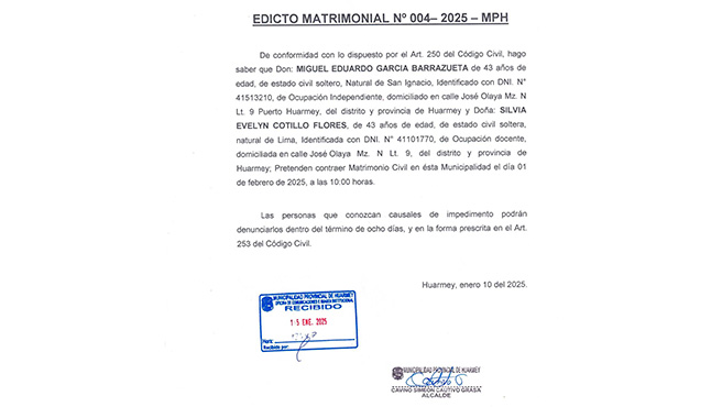 La Municipalidad Provincial de Huarmey, a través de la Oficina de Registro Civil