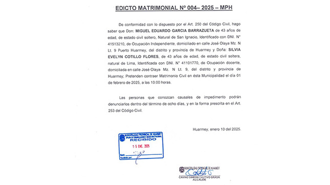 La Municipalidad Provincial de Huarmey, a través de la Oficina de Registro Civil