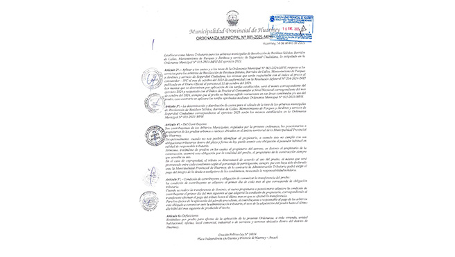 Ordenanza que amplia la vigencia del régimen tributario de los Arbitrios Municipales del ejercicio fiscal 2025