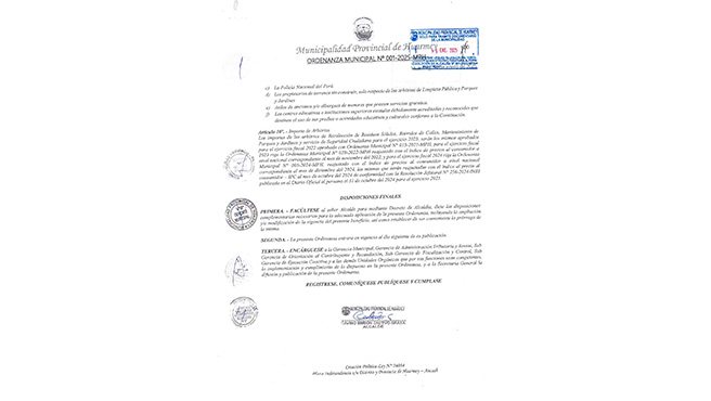 Ordenanza que amplia la vigencia del régimen tributario de los Arbitrios Municipales del ejercicio fiscal 2025